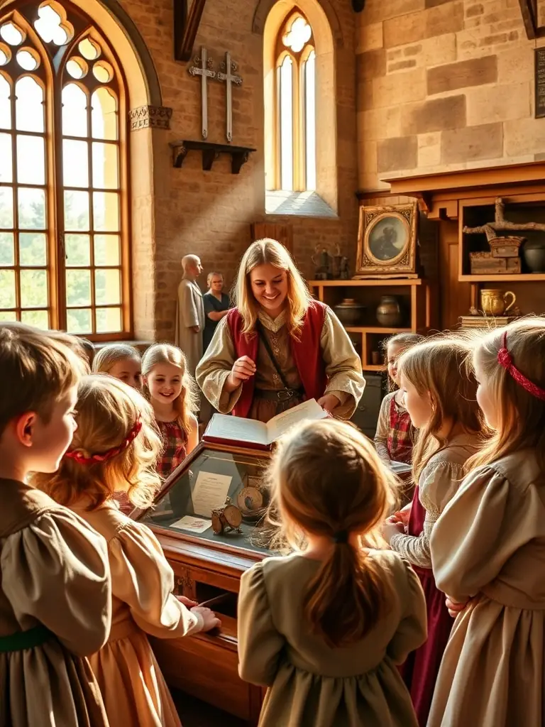 A vibrant photo of children participating in a historical reenactment at a local heritage site, part of the educational outreach program by RTS ASSOC ROUTE HISTORIQUE TRESORS SAINTONGE.