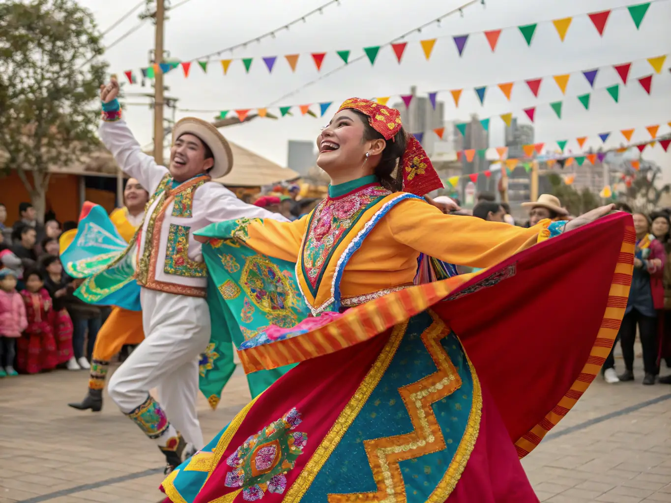 A lively scene from the annual Heritage Festival, featuring traditional music, craft demonstrations, and community members enjoying the festivities in a historic setting.
